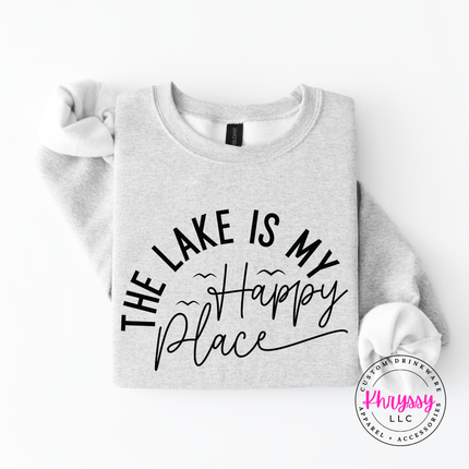 Ash grey crewneck showing a lake lover happy place design.