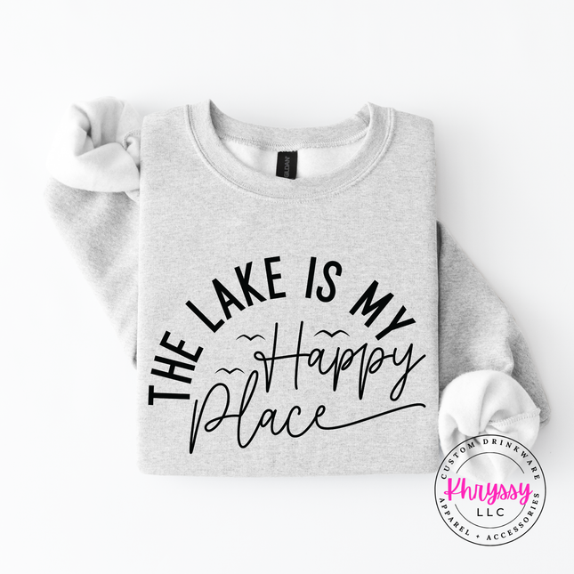 Ash grey crewneck showing a lake lover happy place design.