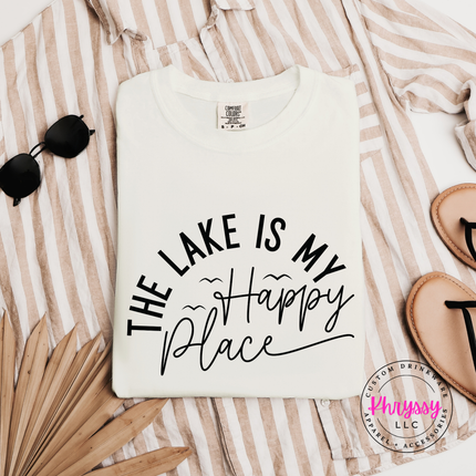 Ivory lake tee with a hand-lettered happy place lake graphic.