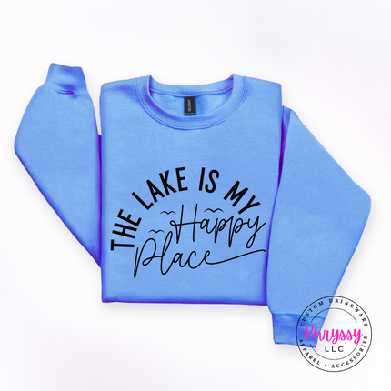 Carolina blue crewneck with a hand-lettered happy place lake graphic.