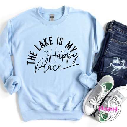 Light blue lake crewneck featuring a hand-lettered happy place graphic.