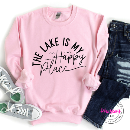 Light pink sweatshirt with a lake life script graphic design.