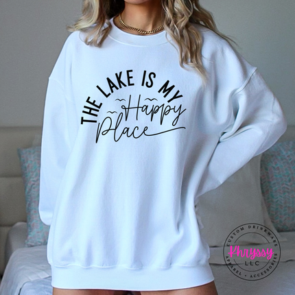 White Gildan crewneck sweatshirt with a lake happy place design.