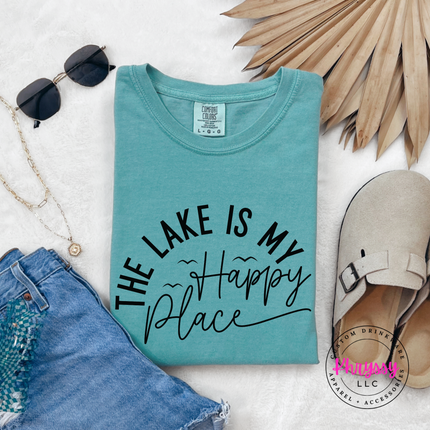 Seafoam green tee with a lake lover happy place graphic design.