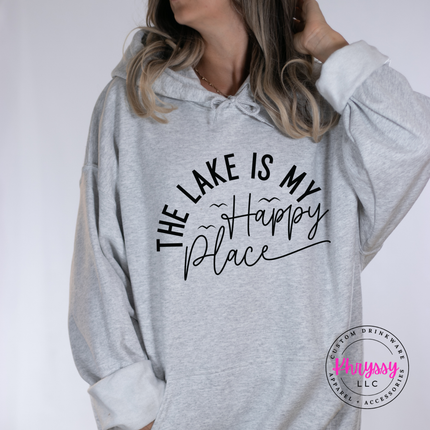 Ash grey hoodie showing a lake lover happy place design.