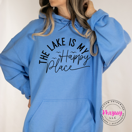 Carolina blue hoodie with a hand-lettered happy place lake graphic.