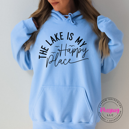 Light blue lake hoodie featuring a hand-lettered happy place graphic.