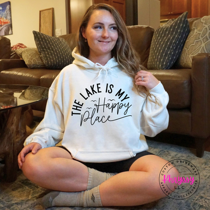 White Gildan hoodie with a lake happy place script design.