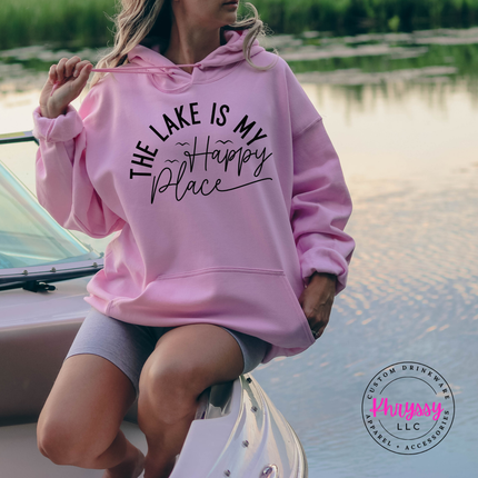 Light pink hoodie with a lake life script graphic design.