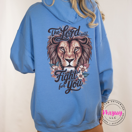 Carolina Blue pullover hoodie featuring a lion and florals faith back design.