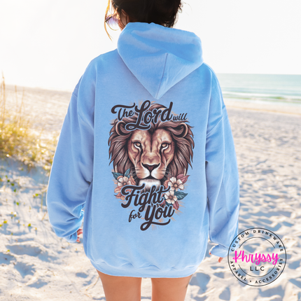 Light Blue pullover hoodie showing a Christian lion The Lord Will Fight print.