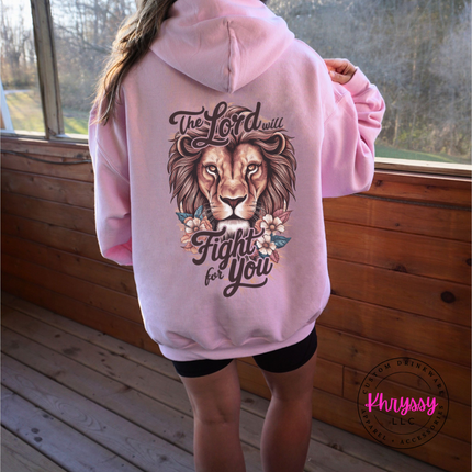 Light Pink pullover hoodie with a lion and flowers faith back graphic.