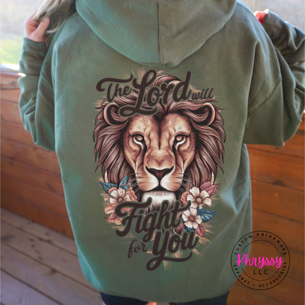Military Green pullover hoodie displaying a The Lord Will Fight lion back design.