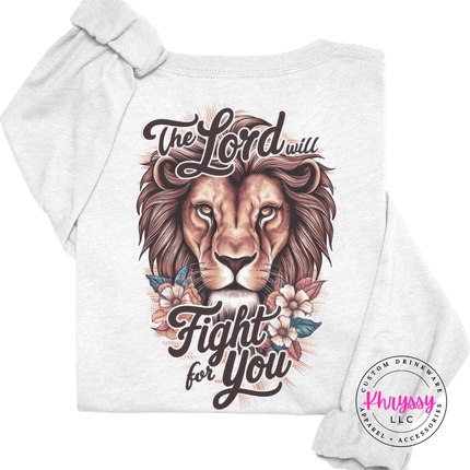 Ash long sleeve tee with a The Lord Will Fight For You lion back graphic.