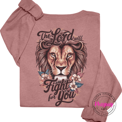 Heather Mauve long sleeve tee featuring a lion and florals faith back design.