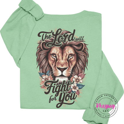 Mint long sleeve tee showing a Christian lion The Lord Will Fight For You print.