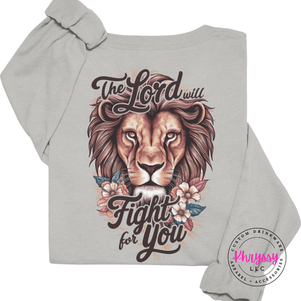 Silver long sleeve tee with a lion and flowers faith back graphic.