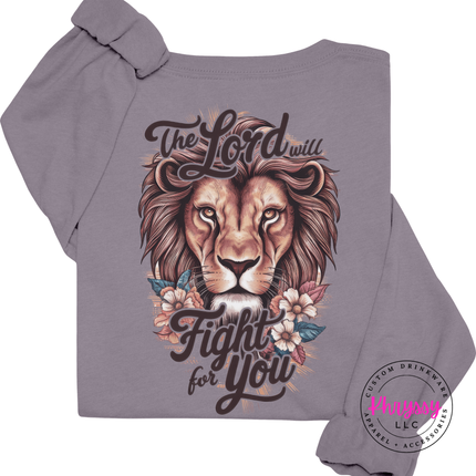 Storm long sleeve tee displaying a The Lord Will Fight For You lion back design.
