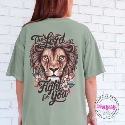 Bay garment-dyed tee with a The Lord Will Fight For You lion back graphic.