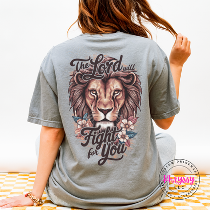 Grey garment-dyed tee showing a Christian lion The Lord Will Fight For You print.