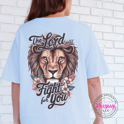 Hydrangea garment-dyed tee with a lion and flowers faith back graphic.