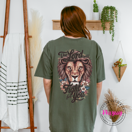 Sage garment-dyed tee displaying a The Lord Will Fight For You lion back design.