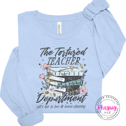 Baby blue tee featuring a watercolor book stack and script.