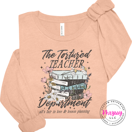 Heather peach tee with moody literary teacher lettering and books.