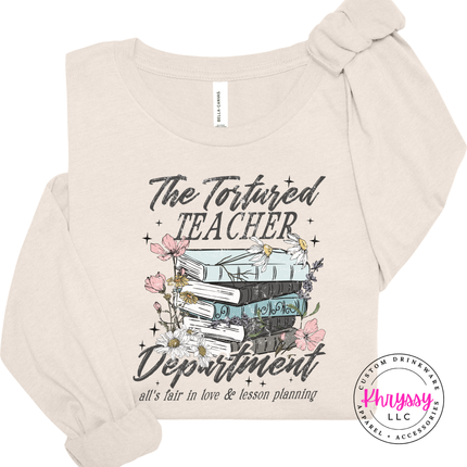 Natural Bella Canvas tee with Tortured Teacher Department florals.