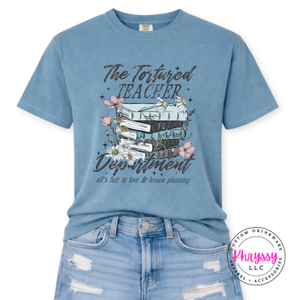 Ice blue book-lover tee with moody literary teacher lettering.
