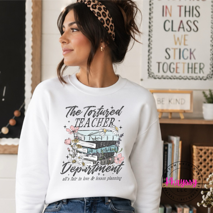 White heavyweight crewneck with a floral tortured-teacher book design.