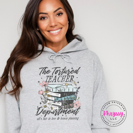 Ash gray hoodie with Tortured Teacher Department script and florals.