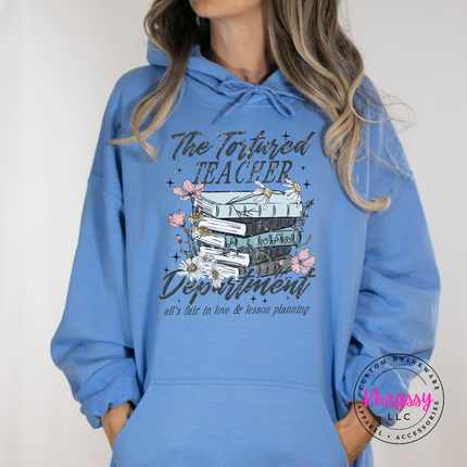Carolina blue hoodie featuring a watercolor book stack design.