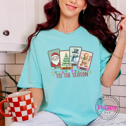Chalky Mint tee featuring vintage holiday cards and string lights.