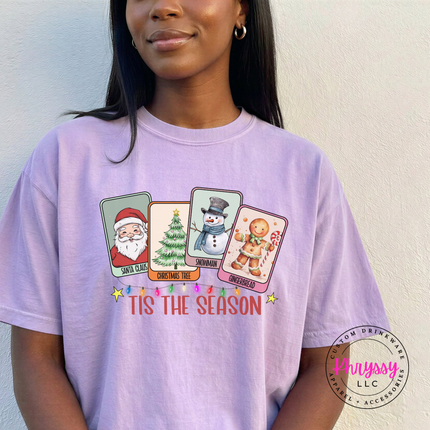 Orchid tee featuring vintage holiday cards and string lights.
