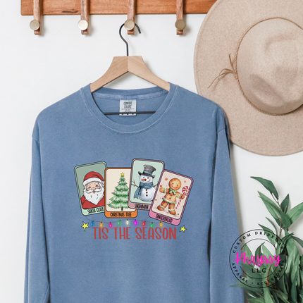 Santa, tree, snowman and gingerbread cards printed on a Blue Jean long sleeve tee.
