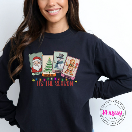 Black long sleeve tee with Tis The Season retro Christmas card design.