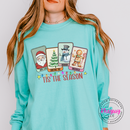 Chalky Mint long sleeve tee featuring vintage holiday cards and string lights.