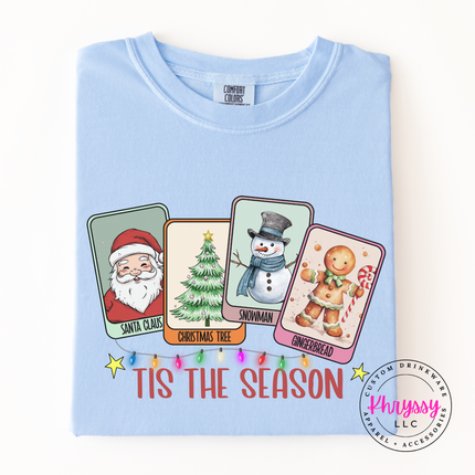 Hydrangea long sleeve tee with Tis The Season retro Christmas card design.