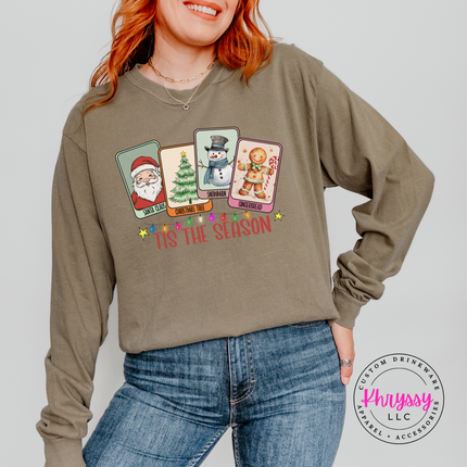 Khaki long sleeve tee featuring vintage holiday cards and string lights.