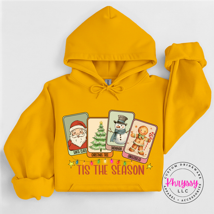 Gold hoodie featuring vintage holiday cards and string lights.