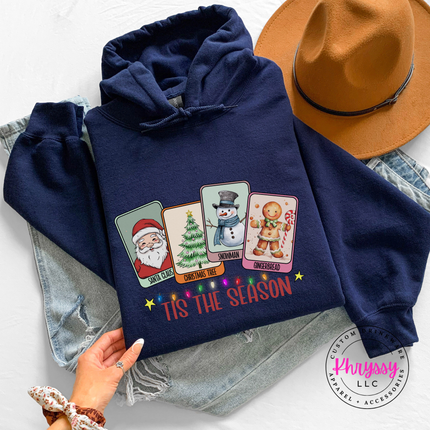 Close up of the Tis The Season card lineup on a Navy hoodie.