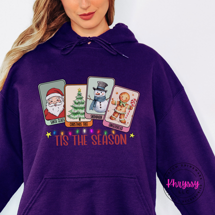 Purple hoodie with Tis The Season retro Christmas card design