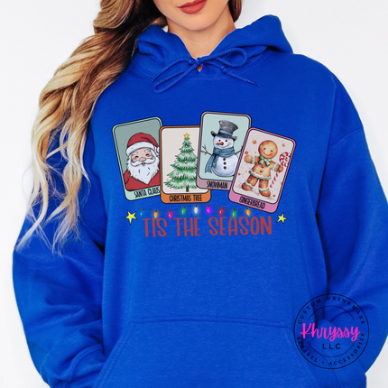 Santa, tree, snowman and gingerbread cards printed on a Royal hoodie.
