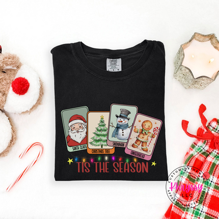 Black tee with Tis The Season retro Christmas card design.