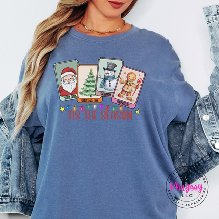 Santa, tree, snowman and gingerbread cards printed on a Blue Jean tee.

