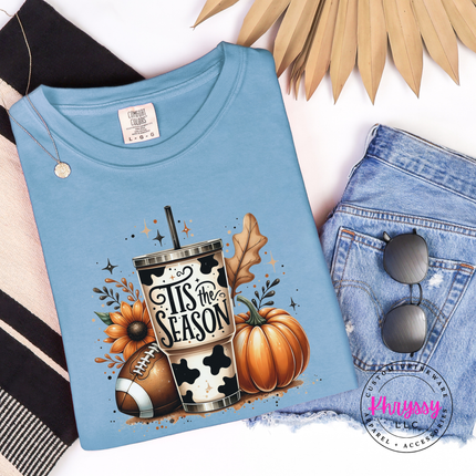 Ice Blue tee with the tis the season sunflower and football print