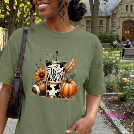Sage tee with the fall football season tumbler graphic