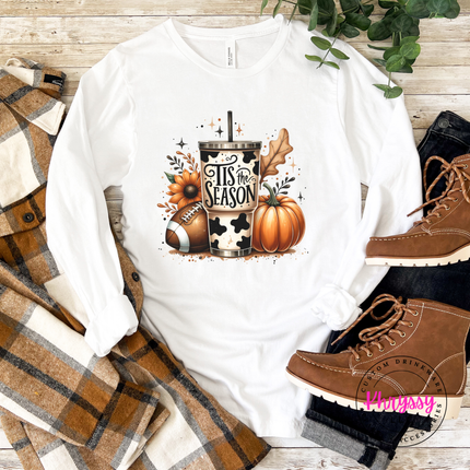White tee featuring a tumbler, football, and pumpkin collage.