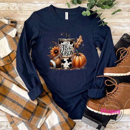 Navy colored tee with a warm illustrated fall collage design.